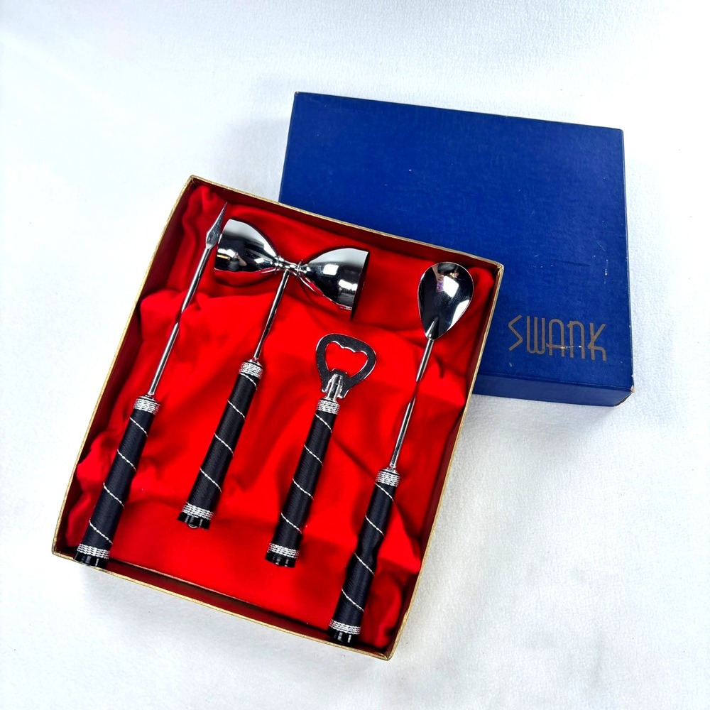 Swank Barware Set Unisex OS Silver Black Faux Leather Wrapped Mid Century Modern